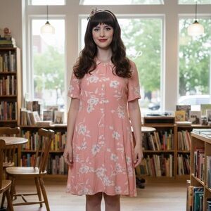 Vintage Mod Floral Button Front Midi Retro Twee Aesthetic Medium